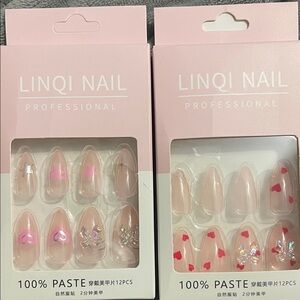 LINQI NAIL Professional Press-On Nails - Pink Heart & Star Designs Bundle (2)